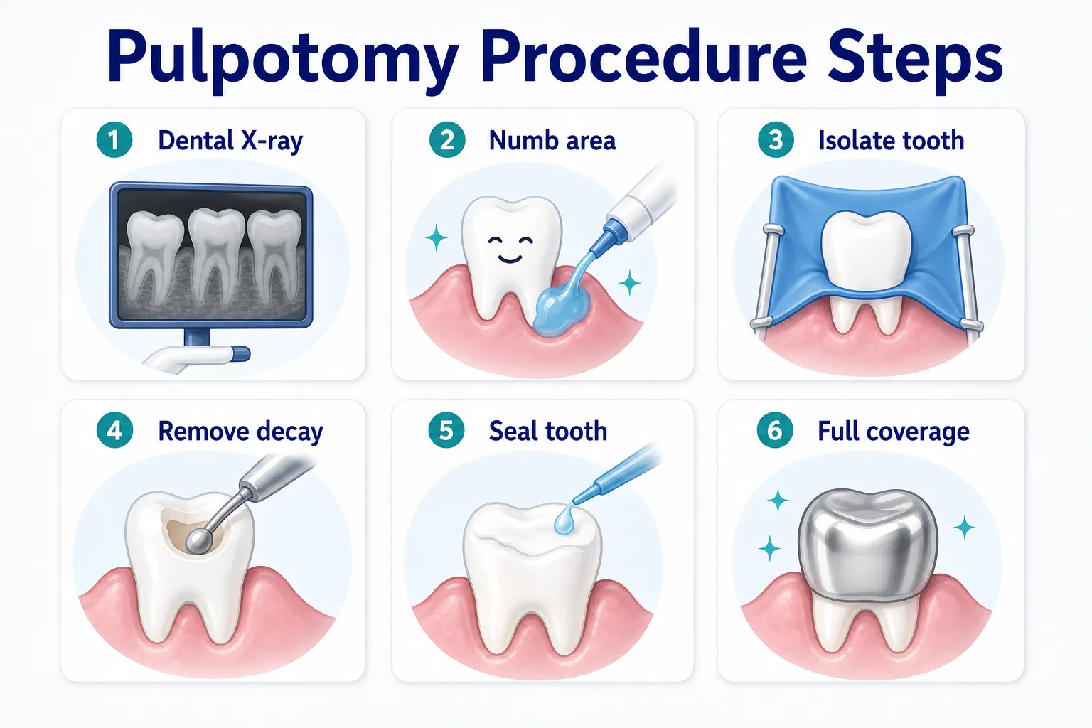 What are the Steps of a Pulpotomy Procedure procedure workflow covering Dental X-ray, Numb area, Isolate tooth, Remove decay, Seal tooth, Full coverage