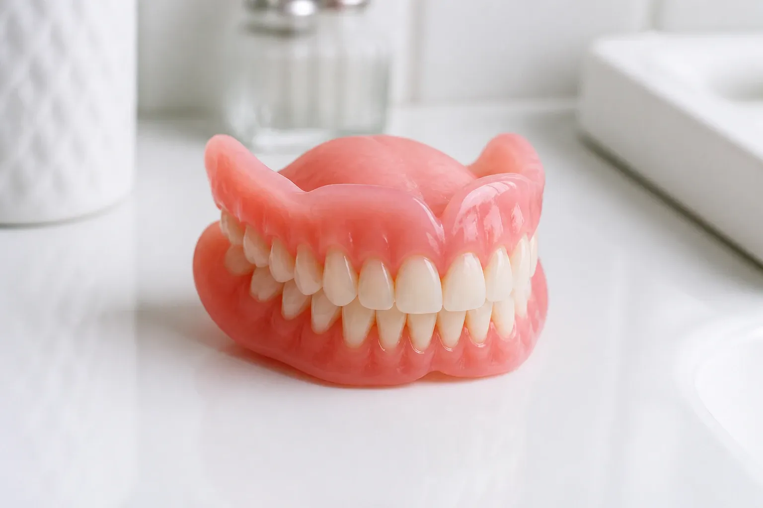 Removable full dentures pictured on clean table nm 1134