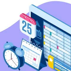 Illustration of a calendar, alarm clock, and a planner on a desk, with colorful tabs and a star-rated card.