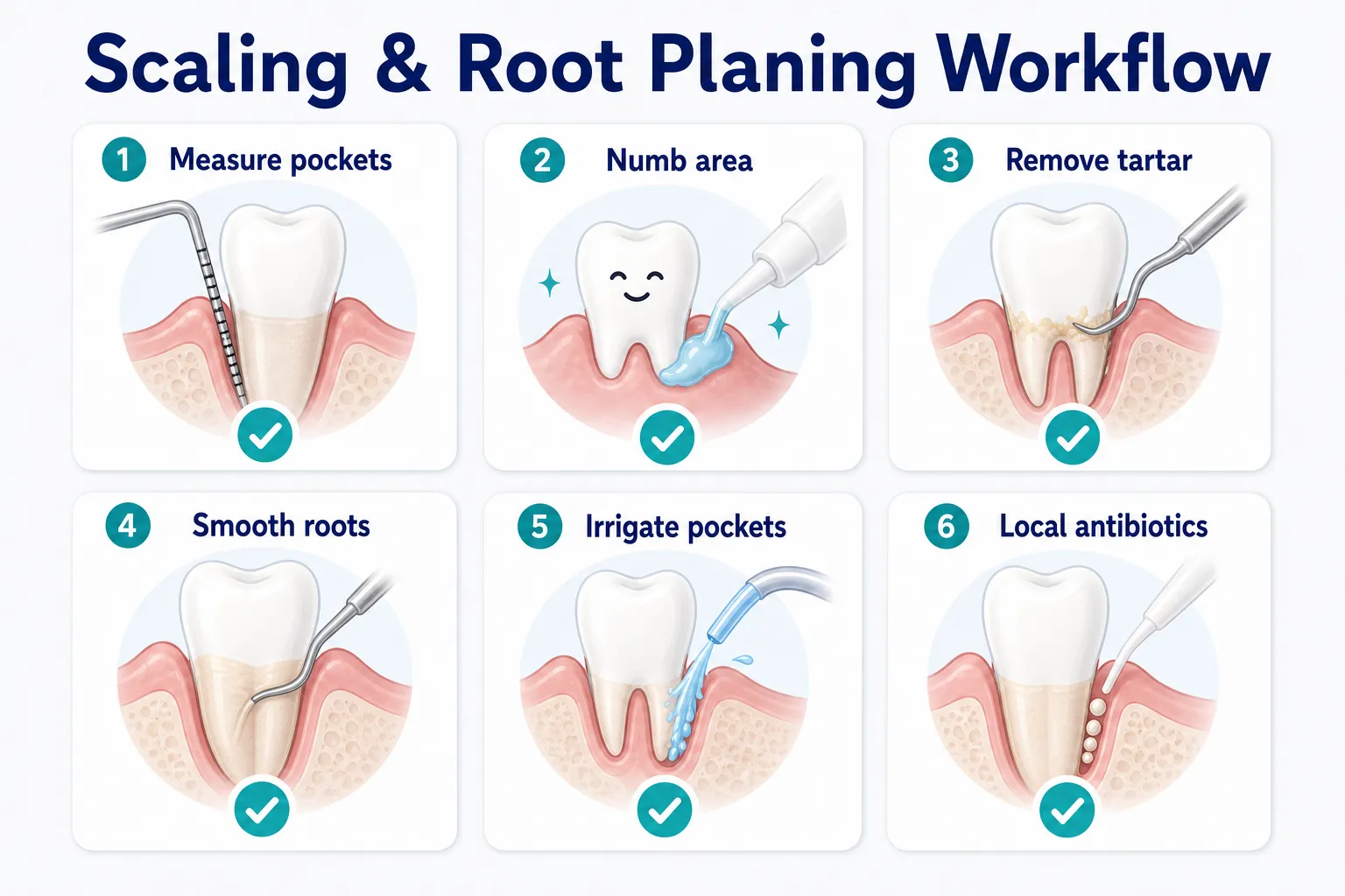 What to Expect During Scaling and Root Planing procedure workflow covering Measure pockets, Numb area, Remove tartar, Smooth roots, Irrigate pockets, Local antibiotics