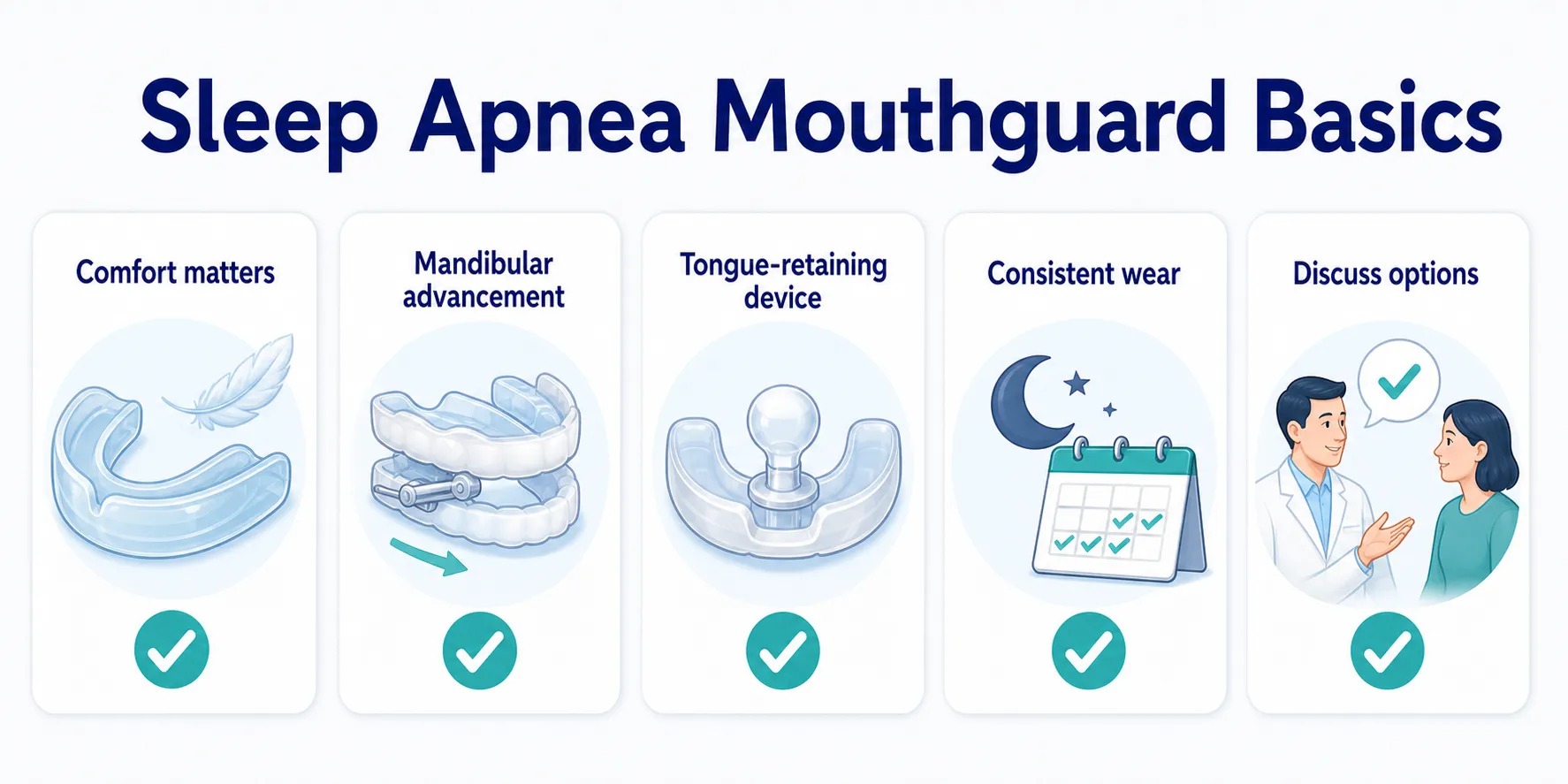 Best Mouthguards for Sleep Apnea device comparison covering Comfort matters, Mandibular advancement, Tongue-retaining device, Consistent wear, Discuss options