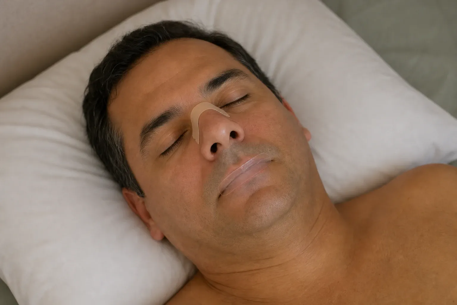 Sleeping middle aged man with a nose tape and a mouth tape lying in nm 1417