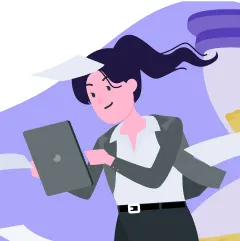 Illustration of a person with long hair holding a tablet, surrounded by papers, in a dynamic pose on a purple background.