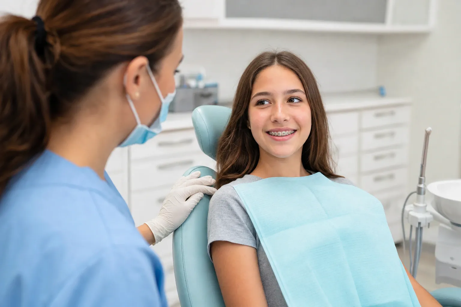 Teenage girl with braces visiting her dentist for a checkup nm 0709