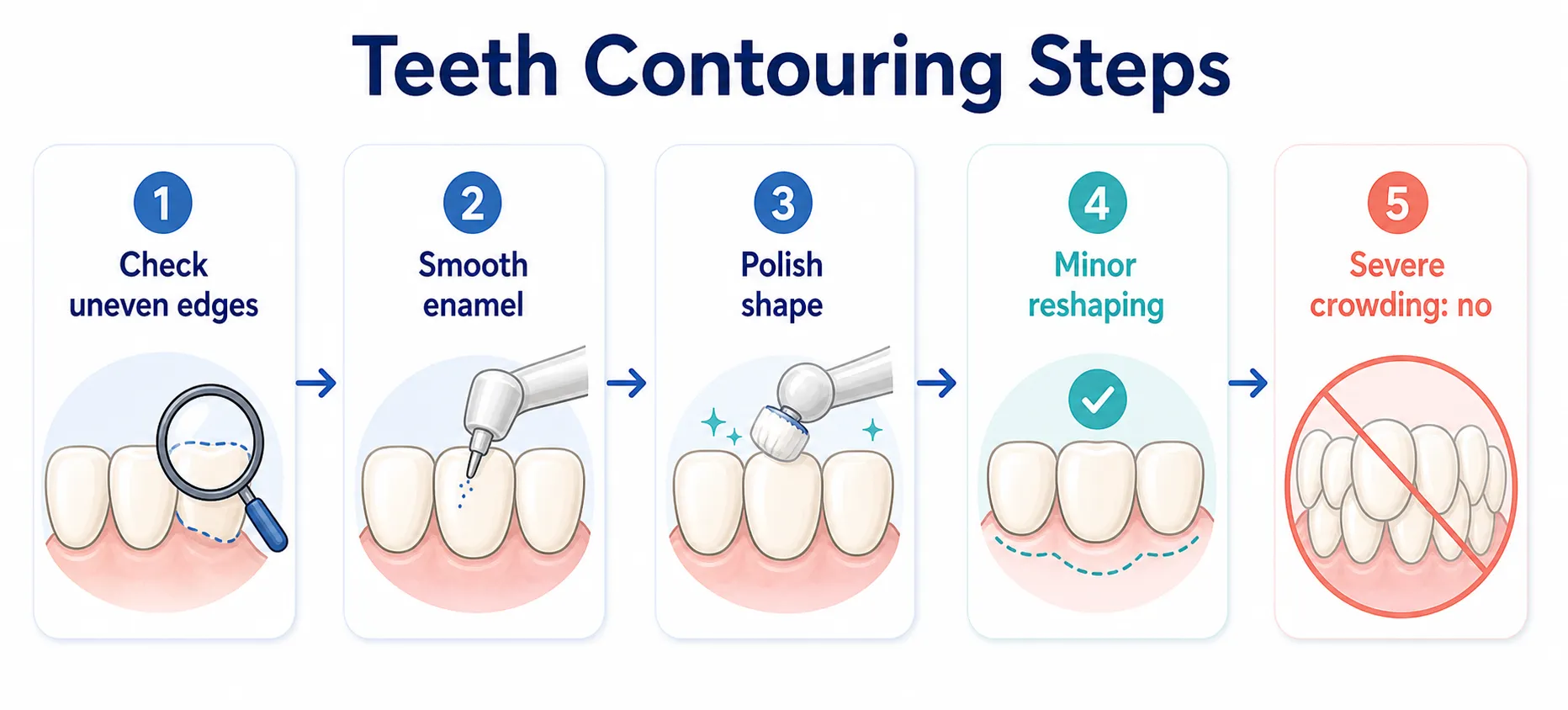 How Does Teeth Reshaping Work procedure workflow covering Check uneven edges, Smooth enamel, Polish shape, Minor reshaping only, Not for severe crowding