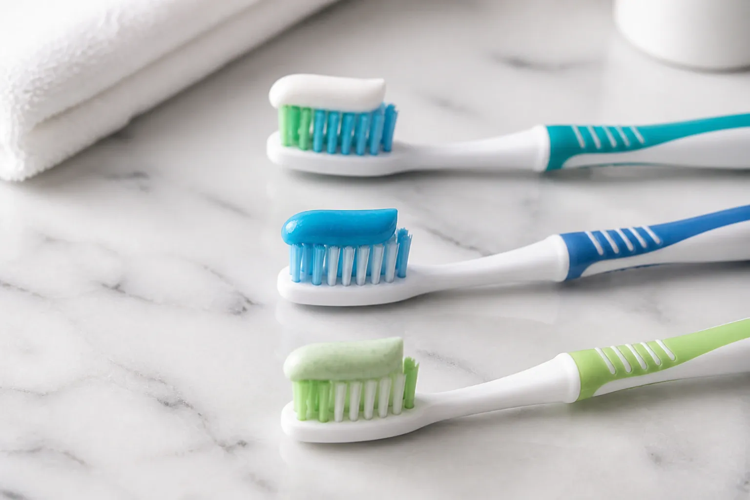 Three different colors of toothpastes on three separate toothbrushes nm 0527