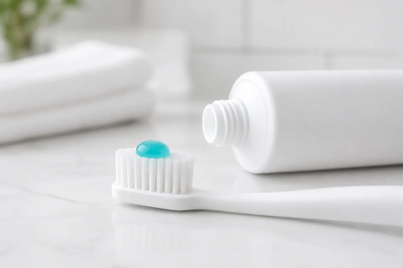 Toothbrush with blue toothpaste next to a tube of toothpaste showing nm 1312
