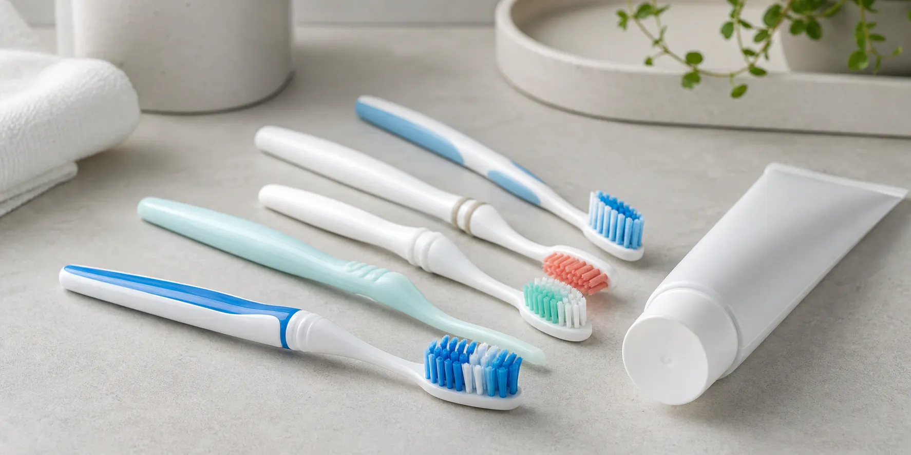 Toothbrushes and toothpaste on a table nm 0673