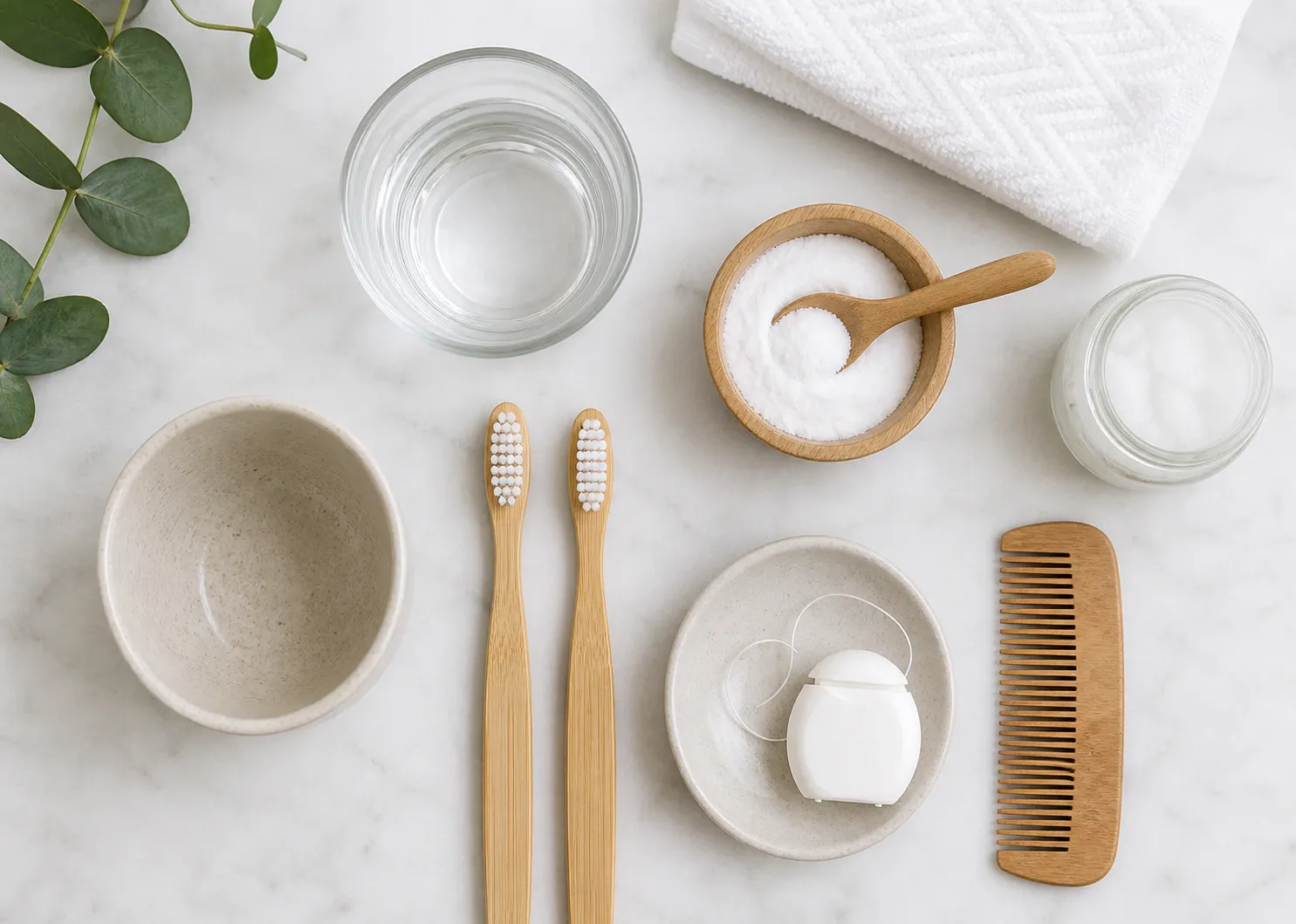 Top view of wooden tooth brushes and comb nm 0165