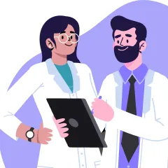 Two medical professionals, a woman holding a tablet and a man with a beard, stand together in discussion, both wearing lab coats.