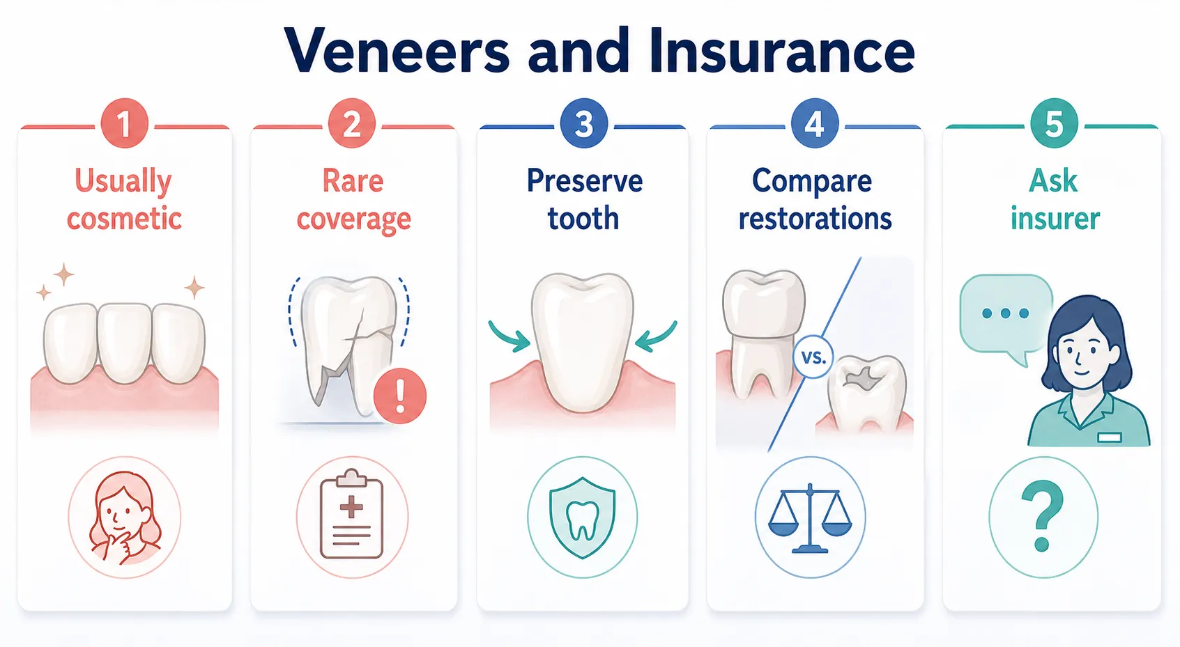 When Might Veneers Be Covered by Insurance coverage decision board covering Usually cosmetic, Rare coverage, Preserve tooth, Compare restorations, Ask insurer