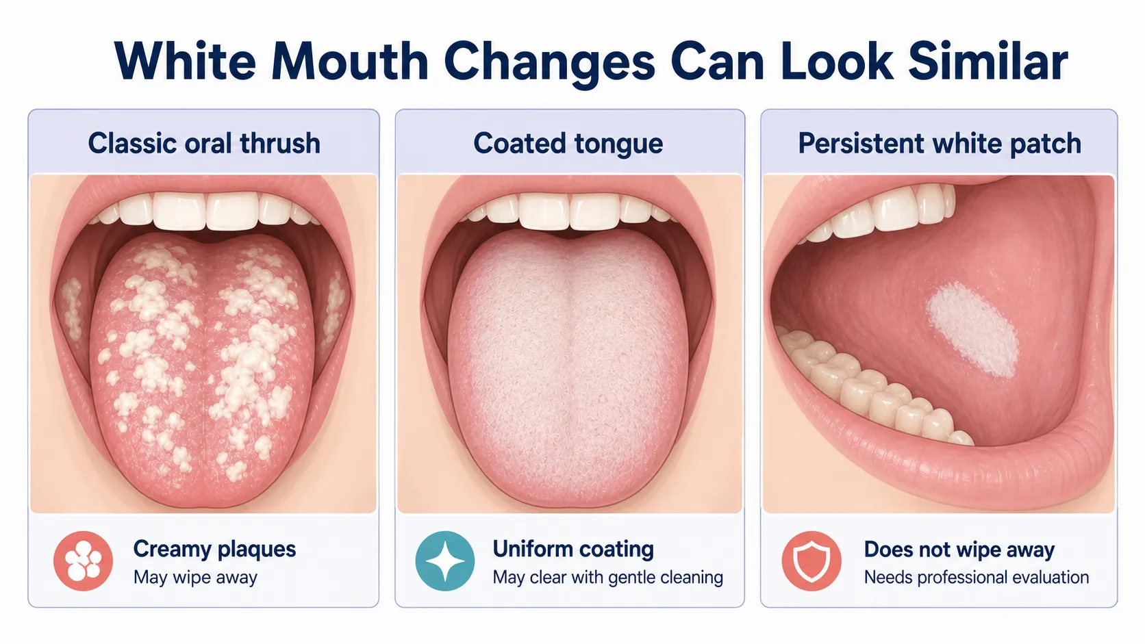 Comparison of oral thrush plaques, a coated tongue, and a non-wipeable white mouth patch that needs evaluation