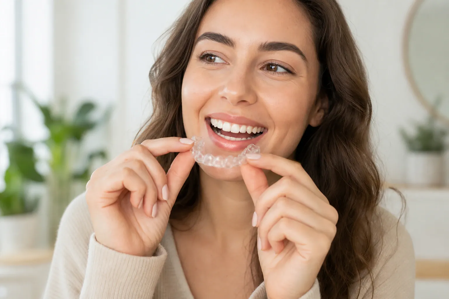 Woman holding invisalign and smiling nm 1141