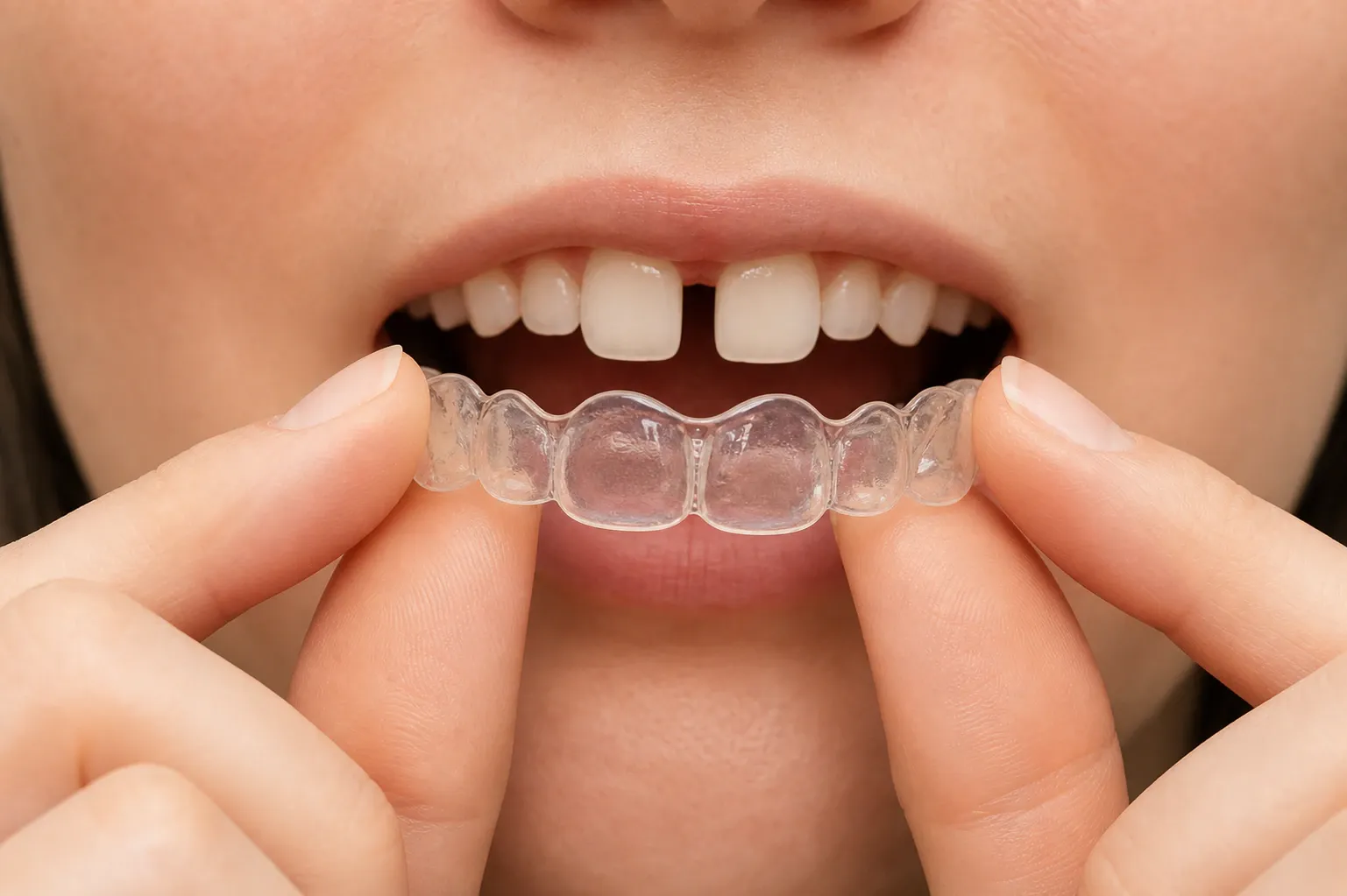 Woman inserting aligner for tooth gap nm 1113