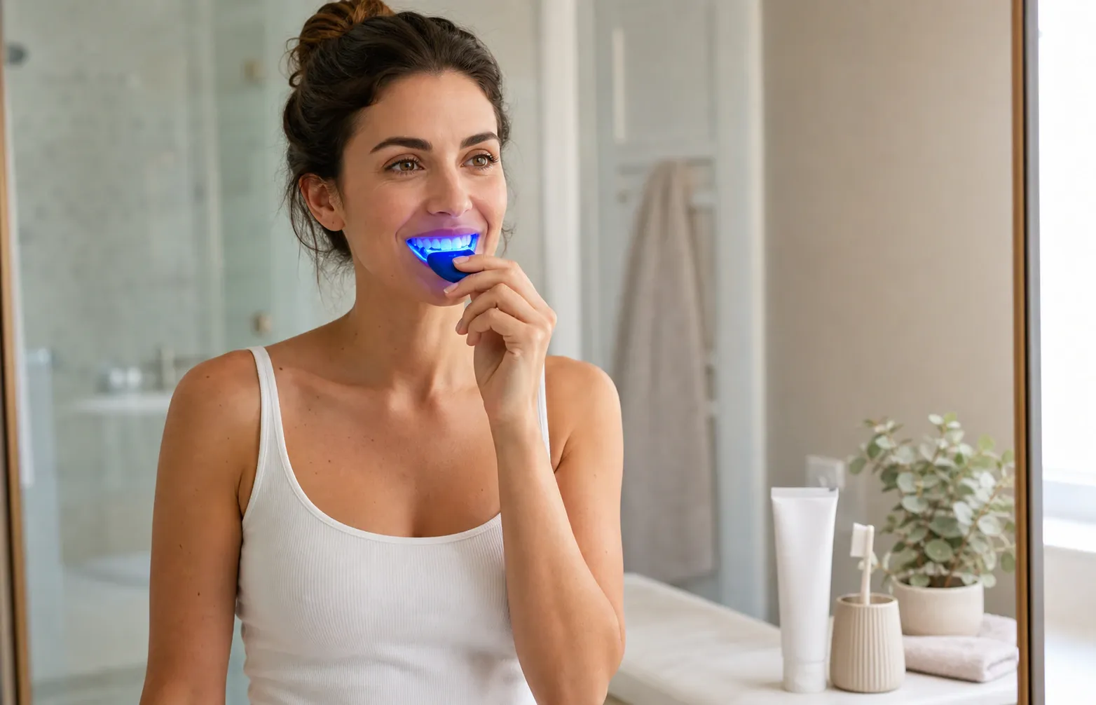 Woman is whitening teeth with special toothpaste and led light at home nm 1424