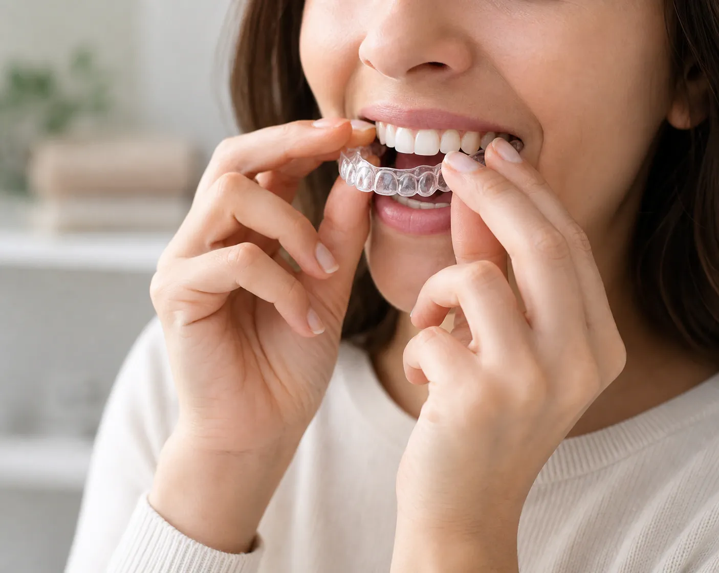 Woman placing invisalign retainer nm 0277