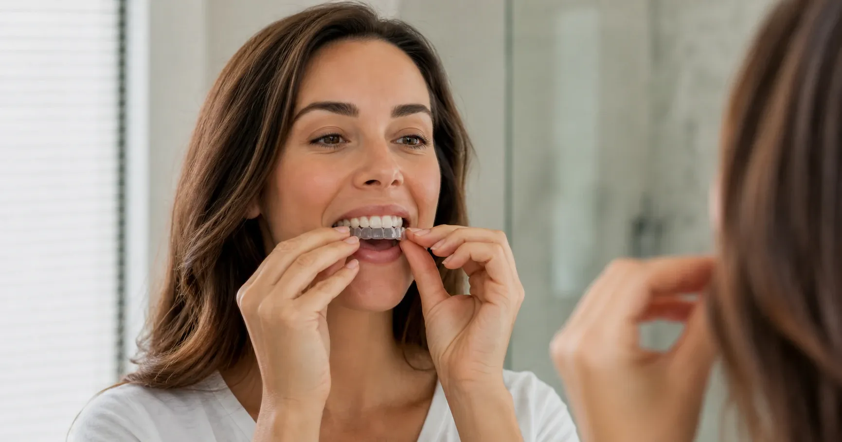 Woman putting clear aligners nm 0561