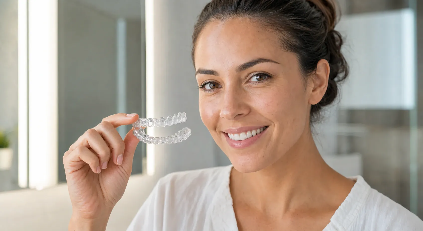 Woman smiling with transparent aligners on her hand nm 0685