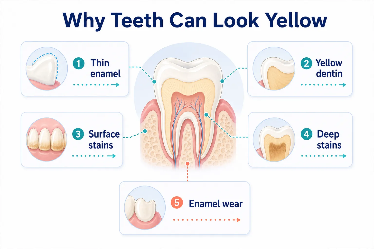 What Causes Yellow Teeth cause explainer board covering Thin enamel, Yellow dentin, Surface stains, Deep stains, Enamel wear