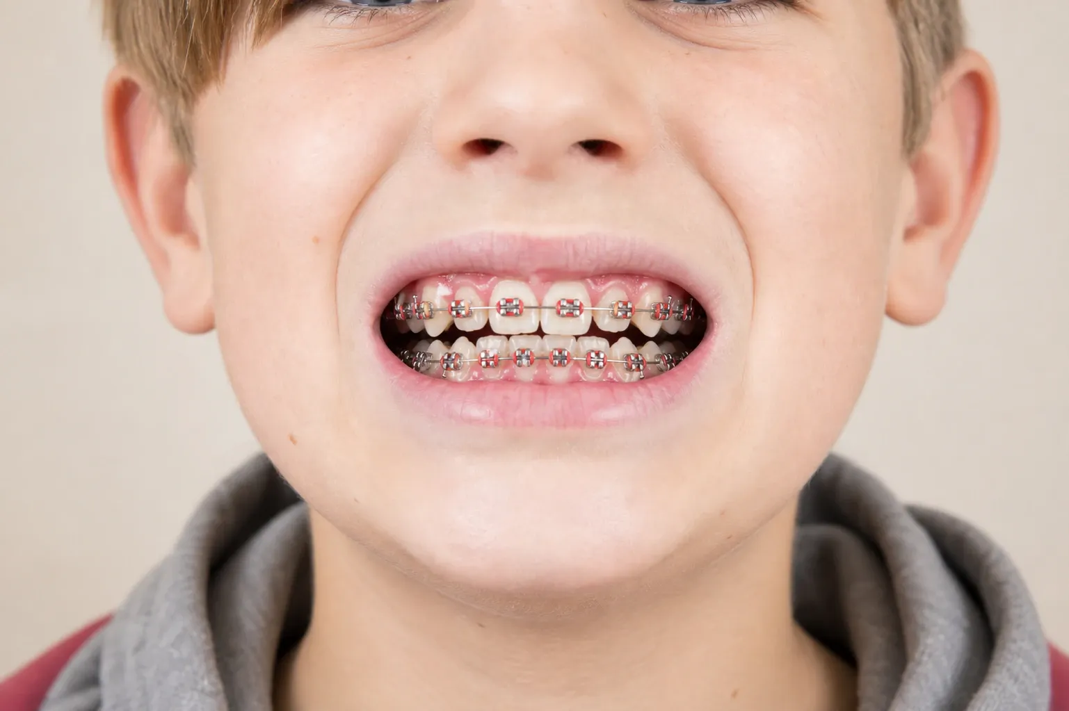Young boy wearing braces showing his swelling gums in a studio shot nm 1251