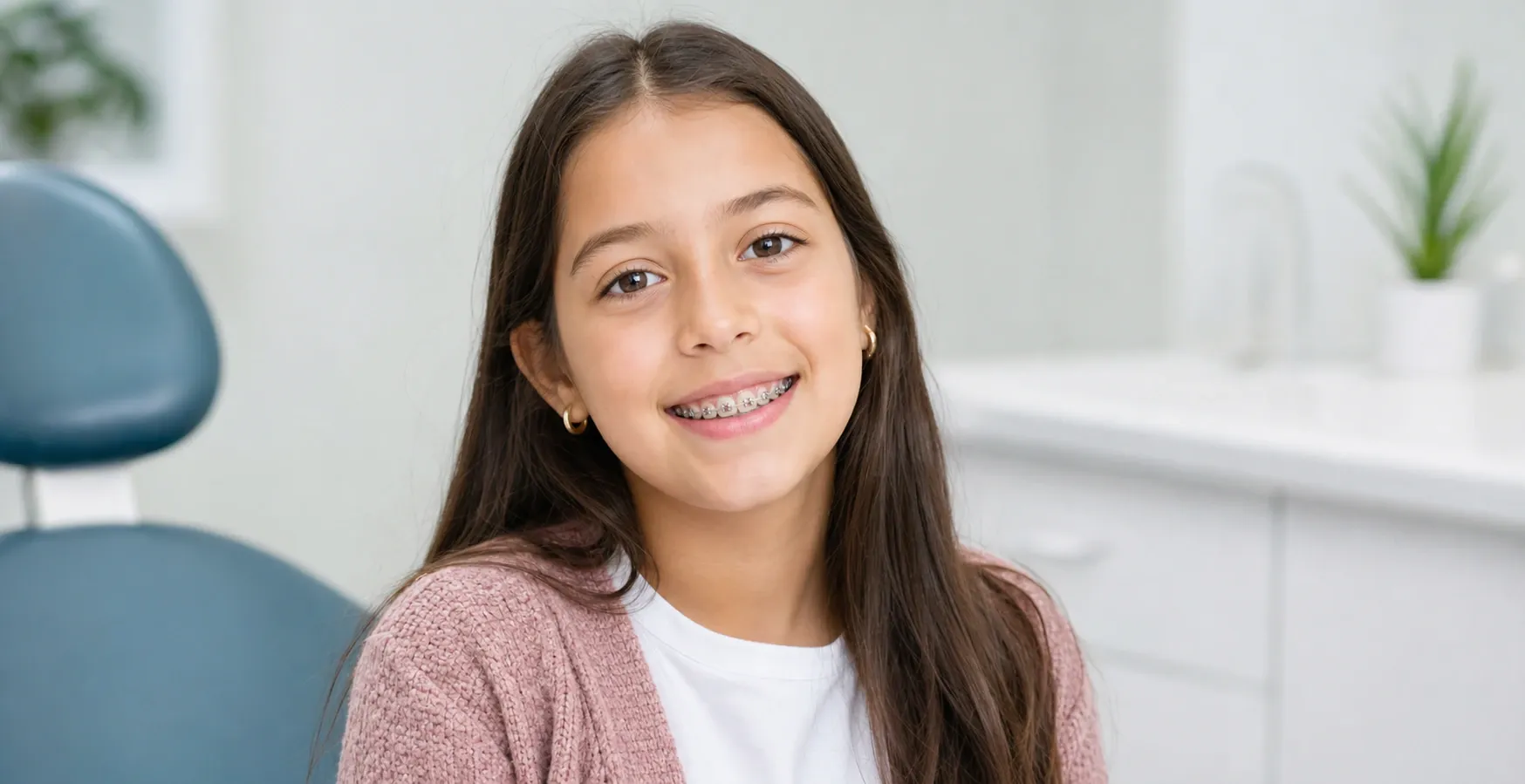 Young girl wearing braces to help her crooked teeth nm 1252