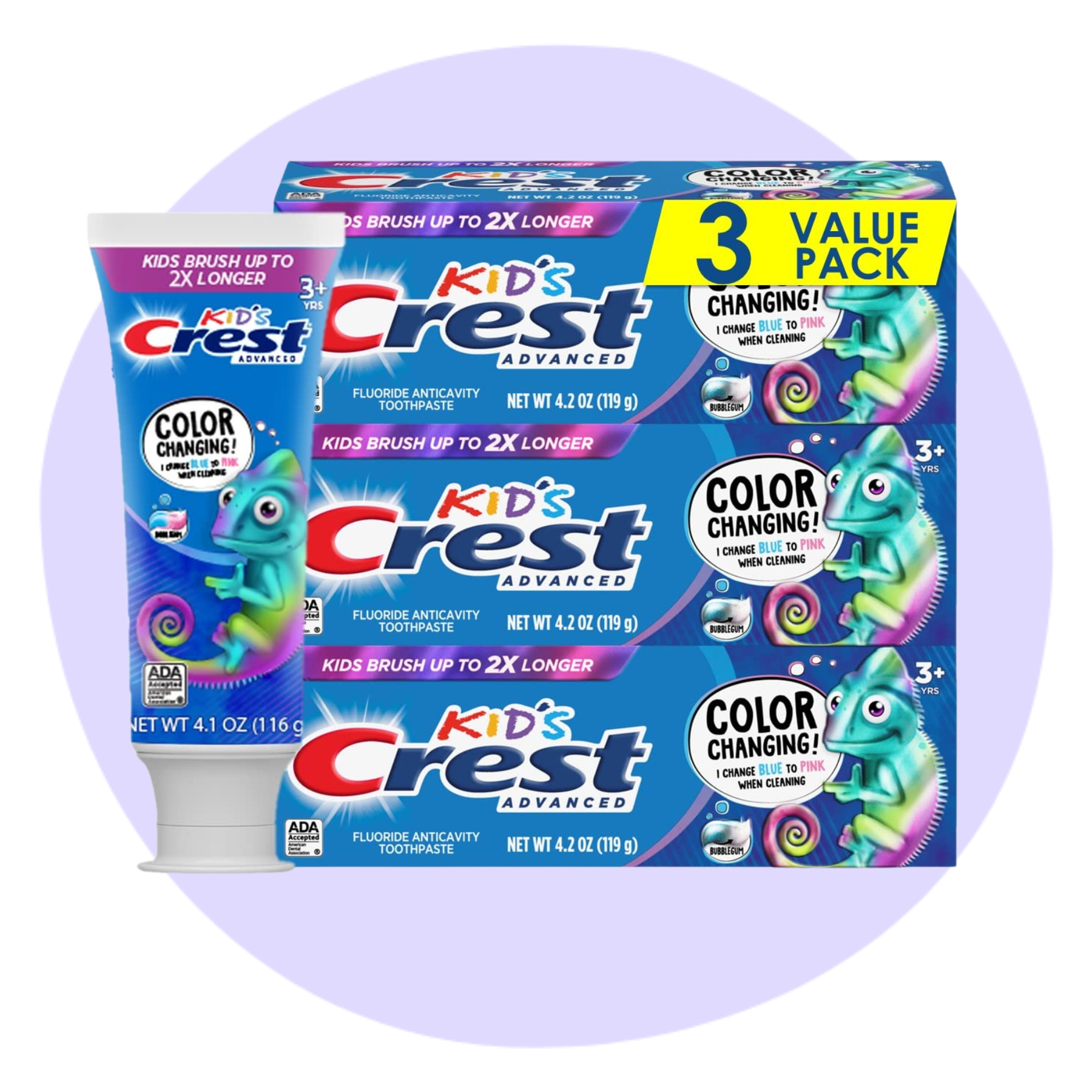 A three-pack of Kid’s Crest Advanced Color Changing toothpaste featuring a cartoon chameleon, labeled for ages 3+ with a 4.0 oz tube; value pack is highlighted at the top.