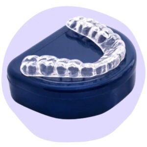 A clear dental retainer on a dark blue case, placed on a light purple background.