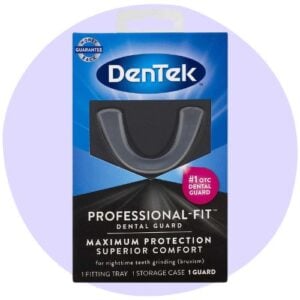 DenTek Professional-Fit Dental Guard packaging, includes a fitting tray and storage case, for nighttime teeth grinding protection.