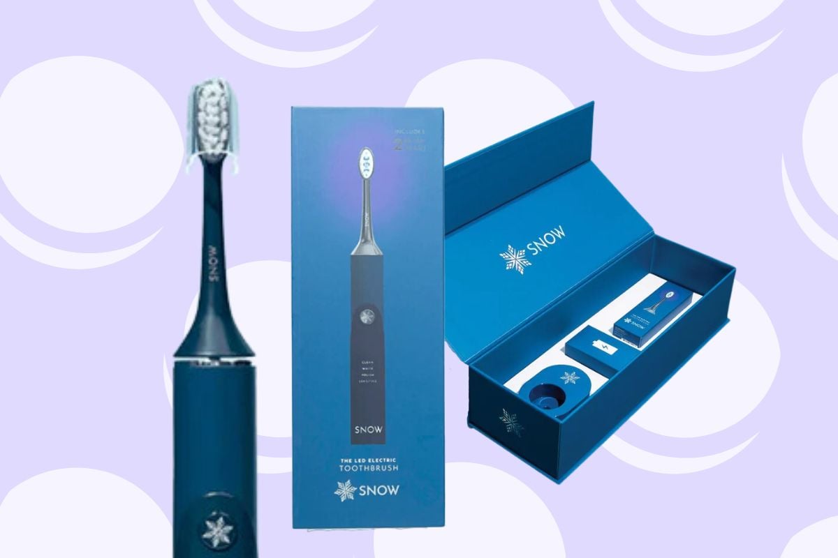 Electric toothbrush and its packaging box with brand name "SNOW" displayed against a light purple background with circular patterns.