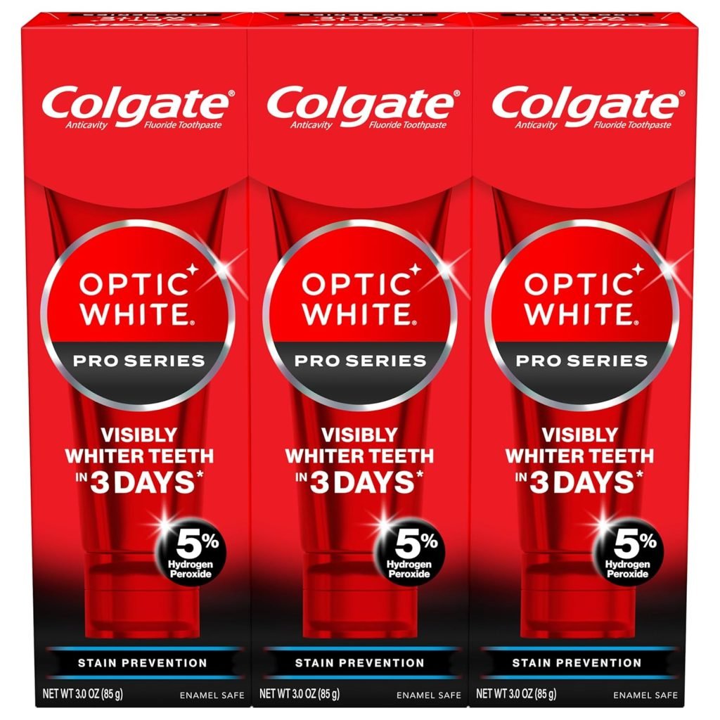 Three boxes of Colgate Optic White Pro Series toothpaste, each labeled for visibly whiter teeth in 3 days and containing 3 oz of product with 5% hydrogen peroxide.