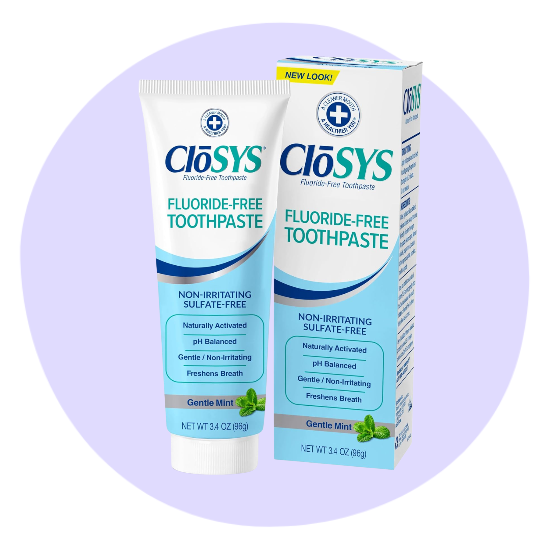 A tube and box of CloSYS Fluoride-Free Toothpaste in Gentle Mint flavor, featuring labels for non-irritating, sulfate-free, and pH balanced properties, set against a light purple circle background.