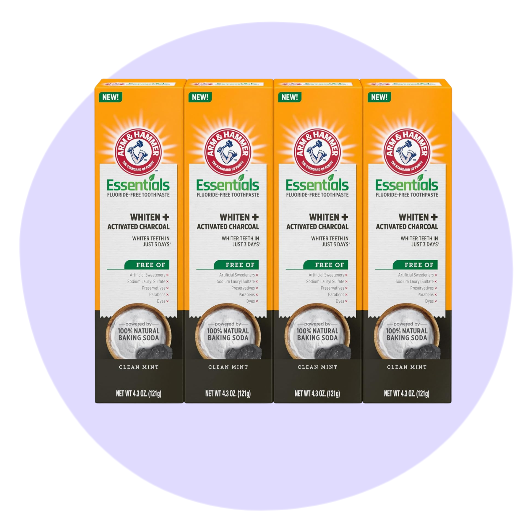 Four boxes of Arm & Hammer Essentials Whiten + Activated Charcoal Clean Mint toothpaste are displayed against a light purple circular background.